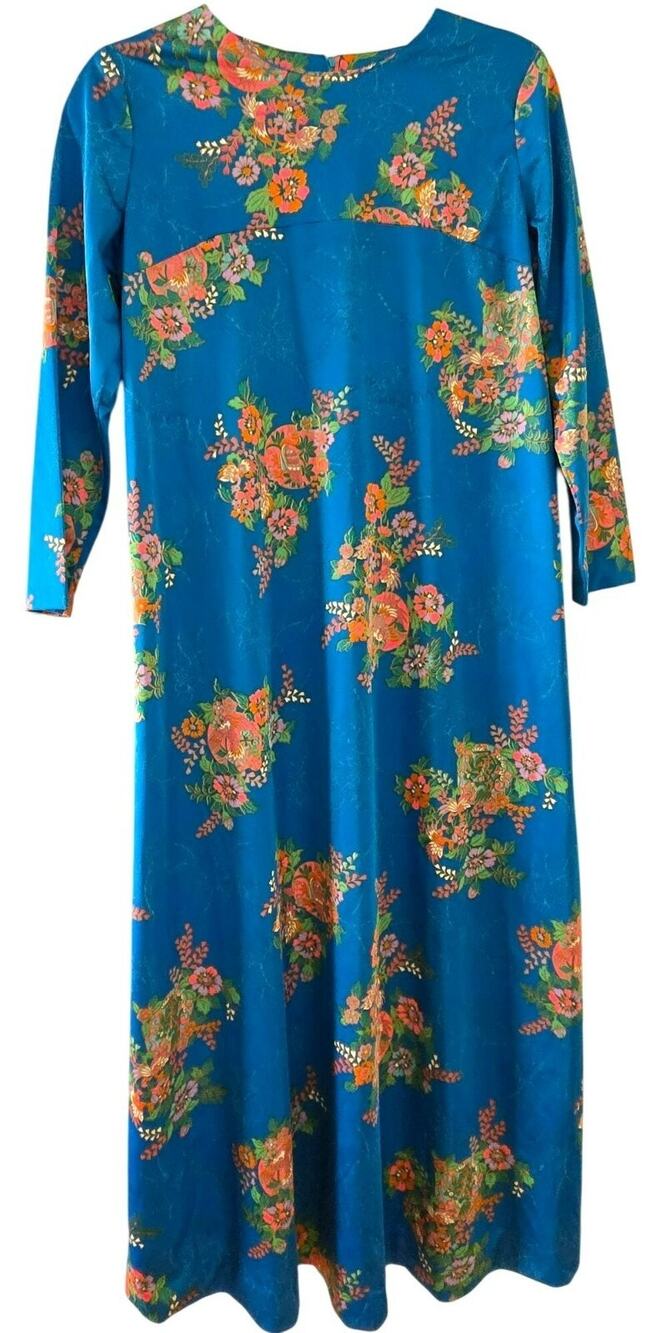 Vintage 1960-1970's Hawaiian Handmade Blue Floral Maxi Dresss